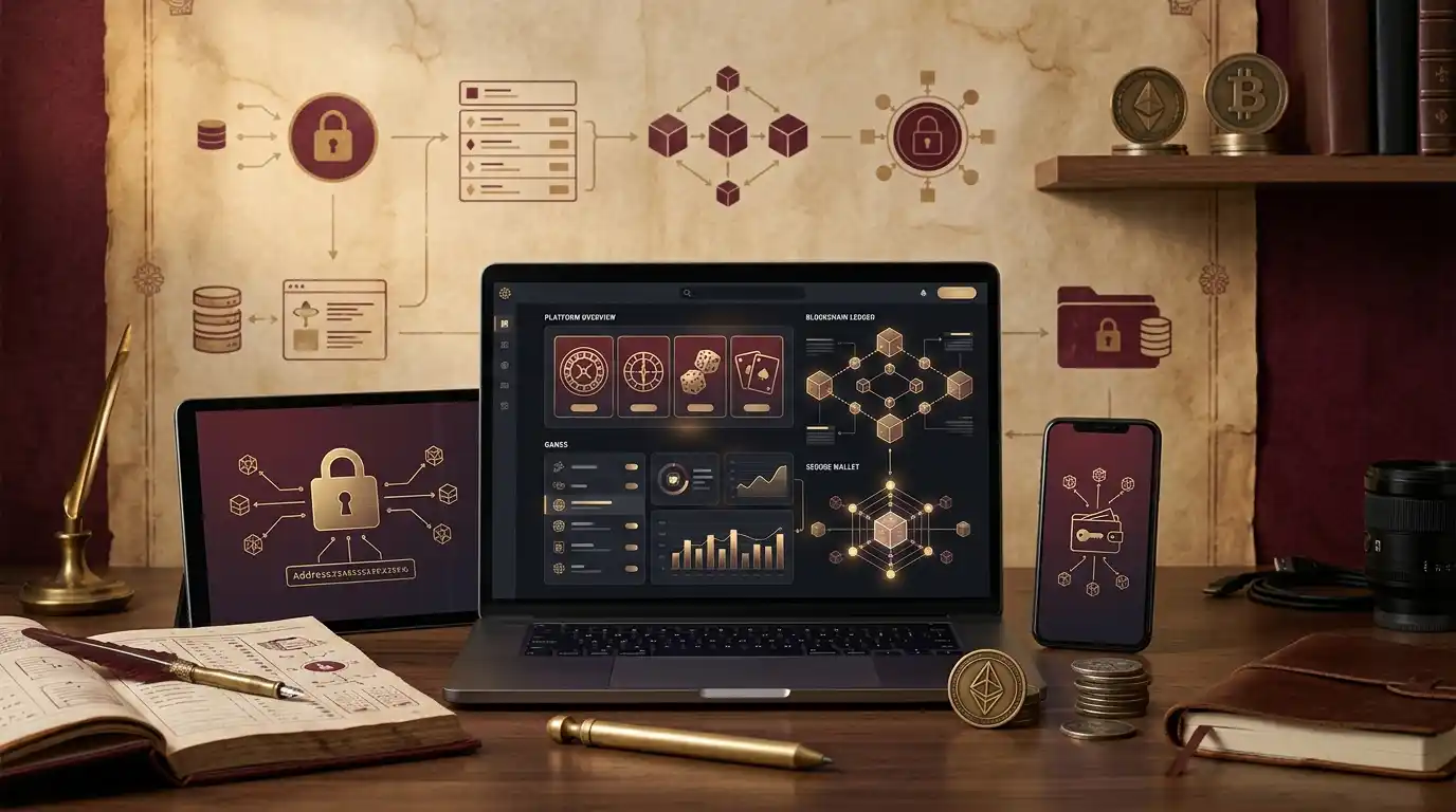 Editorial crypto casino scene with blockchain motifs and varied game interfaces